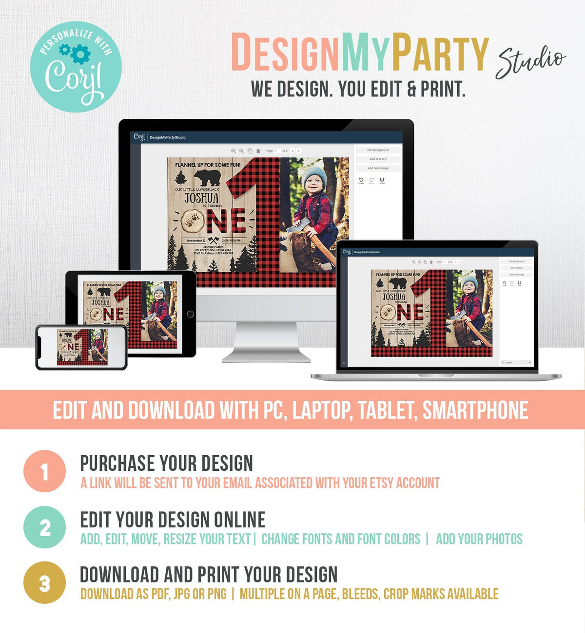 Editable Lumberjack Birthday Invitation Rustic Woodland First Birthday Bear Buffalo Plaid Forest Wilderness Printable Corjl Template 0191