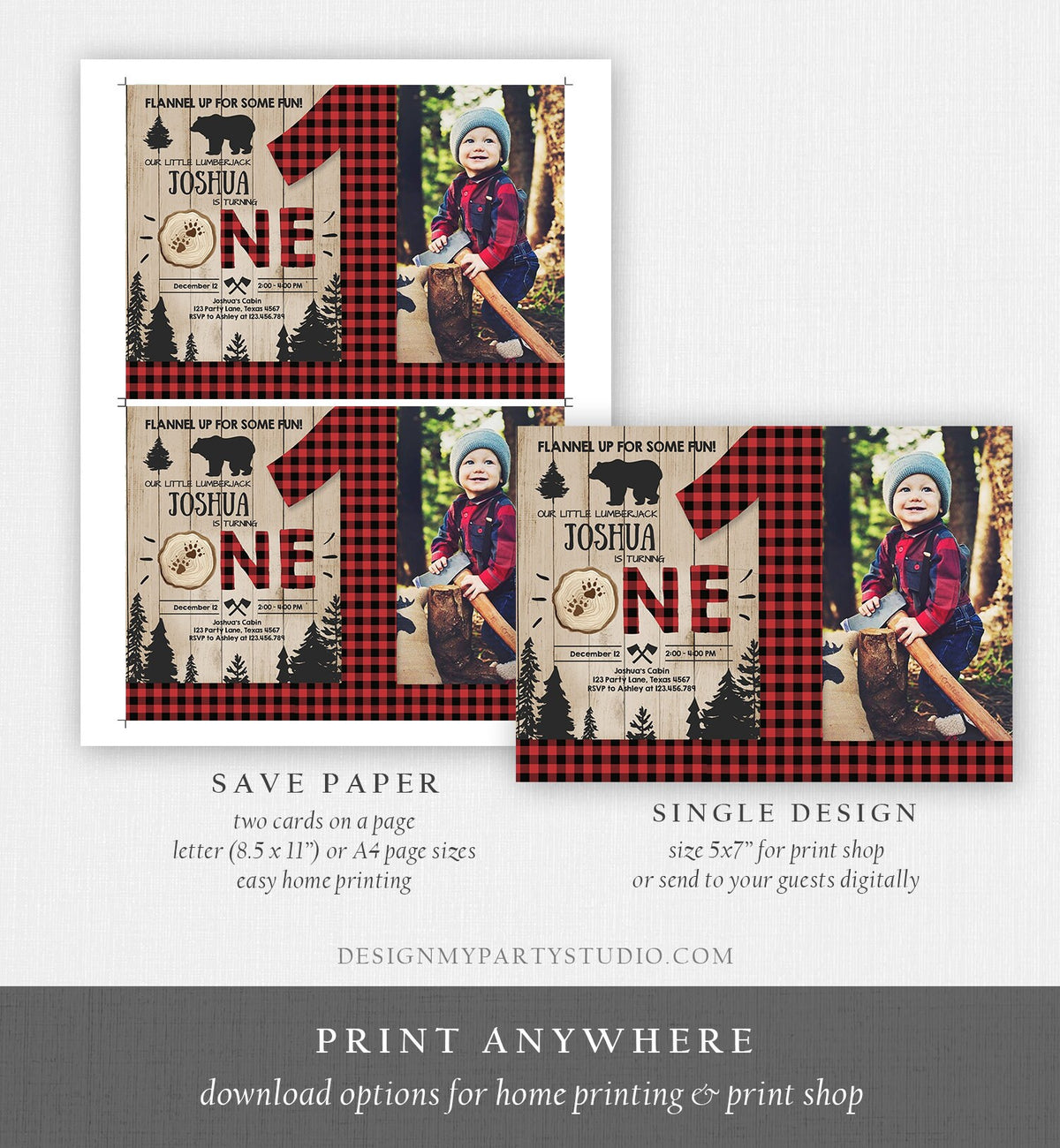 Editable Lumberjack Birthday Invitation Rustic Woodland First Birthday Bear Buffalo Plaid Forest Wilderness Printable Corjl Template 0191