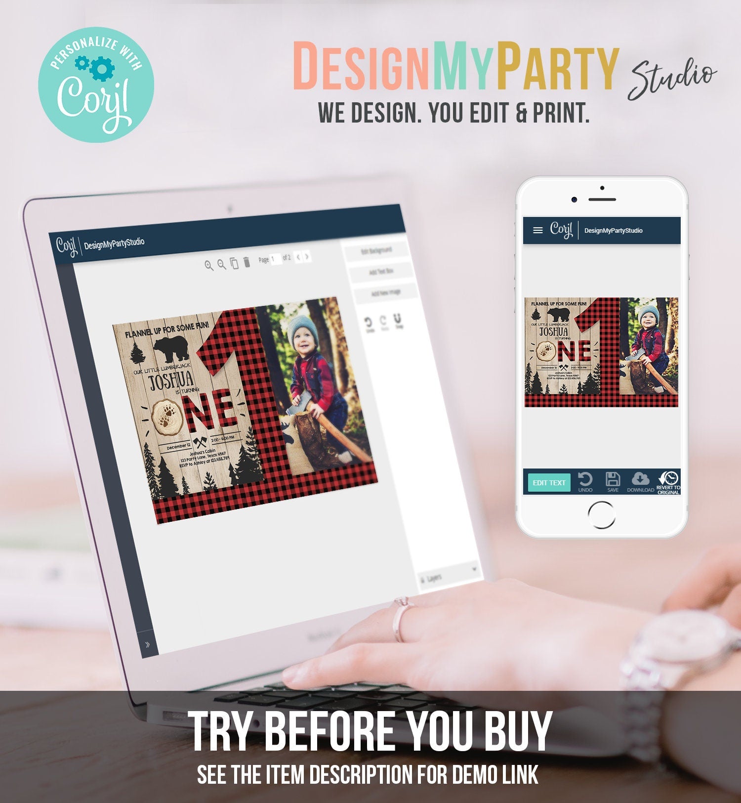 Editable Lumberjack Birthday Invitation Rustic Woodland First Birthday Bear Buffalo Plaid Forest Wilderness Printable Corjl Template 0191