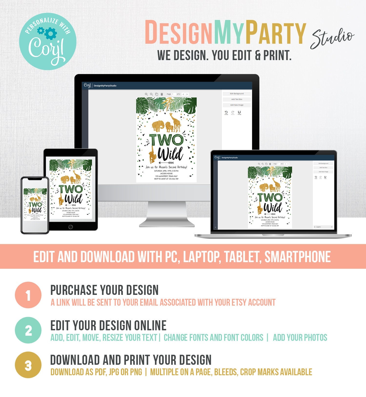 Editable Two Wild Birthday Invitation Safari Animals Party Jungle Zoo Animals Boy Gold Confetti Green Download Printable Corjl Template 0016