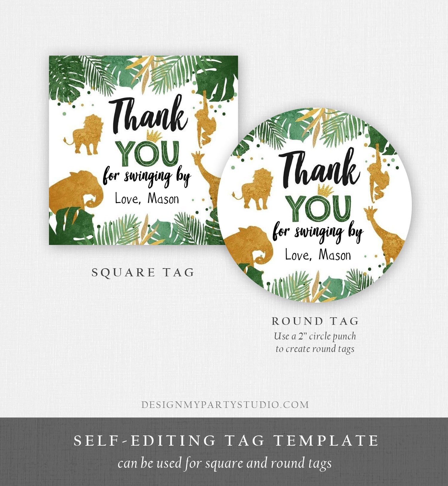 Editable Safari Animals Thank You Tags Wild One Jungle Zoo Black Gold Gift Favor Swinging By Safari Round Square Sticker Corjl Template 0016