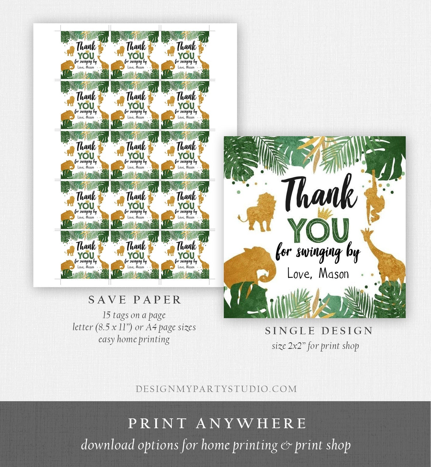 Editable Safari Animals Thank You Tags Wild One Jungle Zoo Black Gold Gift Favor Swinging By Safari Round Square Sticker Corjl Template 0016