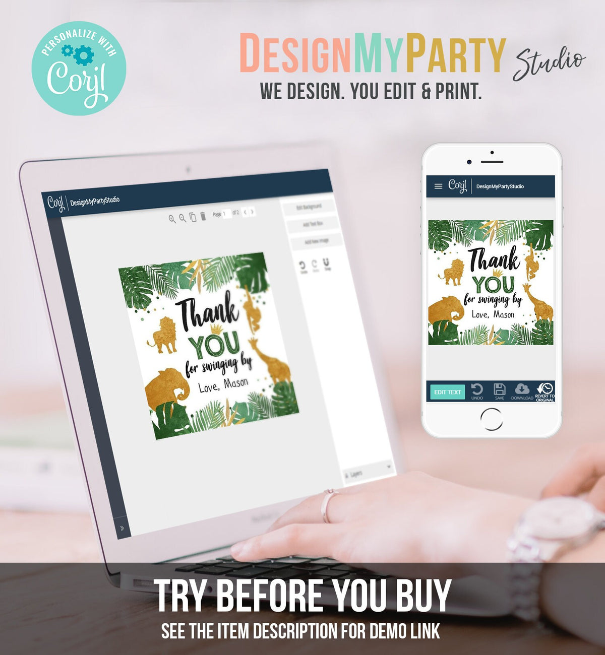 Editable Safari Animals Thank You Tags Wild One Jungle Zoo Black Gold Gift Favor Swinging By Safari Round Square Sticker Corjl Template 0016