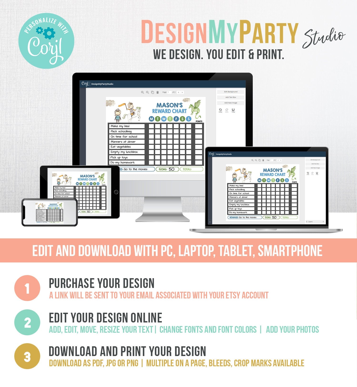 Editable Knight and Dragon Reward Chart Printable Boy Chore Chart for Kids Chores Routine Chart Week Chore Chart Printable Corjl Template