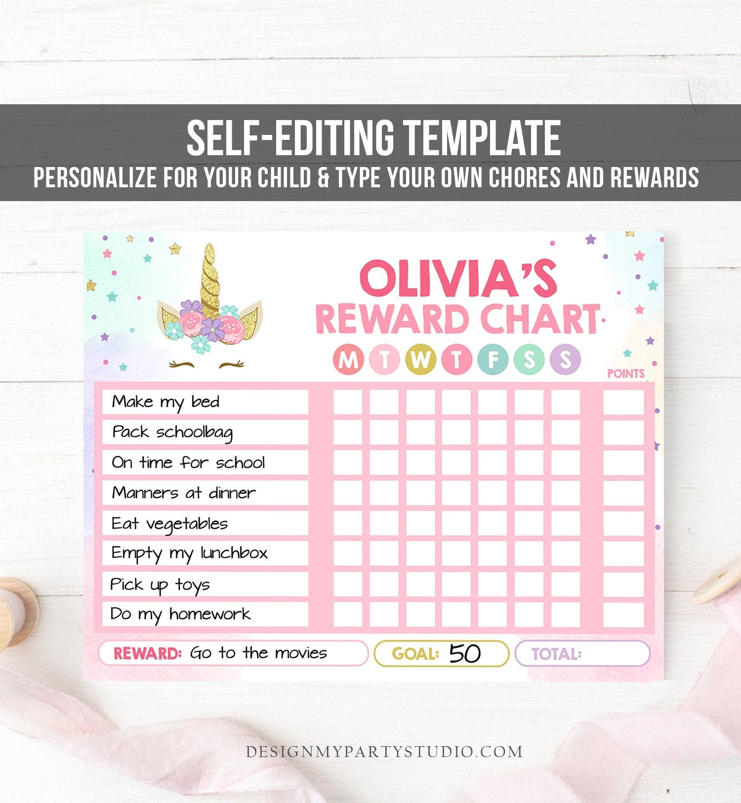 Editable Unicorn Reward Chart for Girls Unicorn Chore Chart for Kids Routine Chart Pink Purple Rainbow Gold Printable Corjl Template 0041