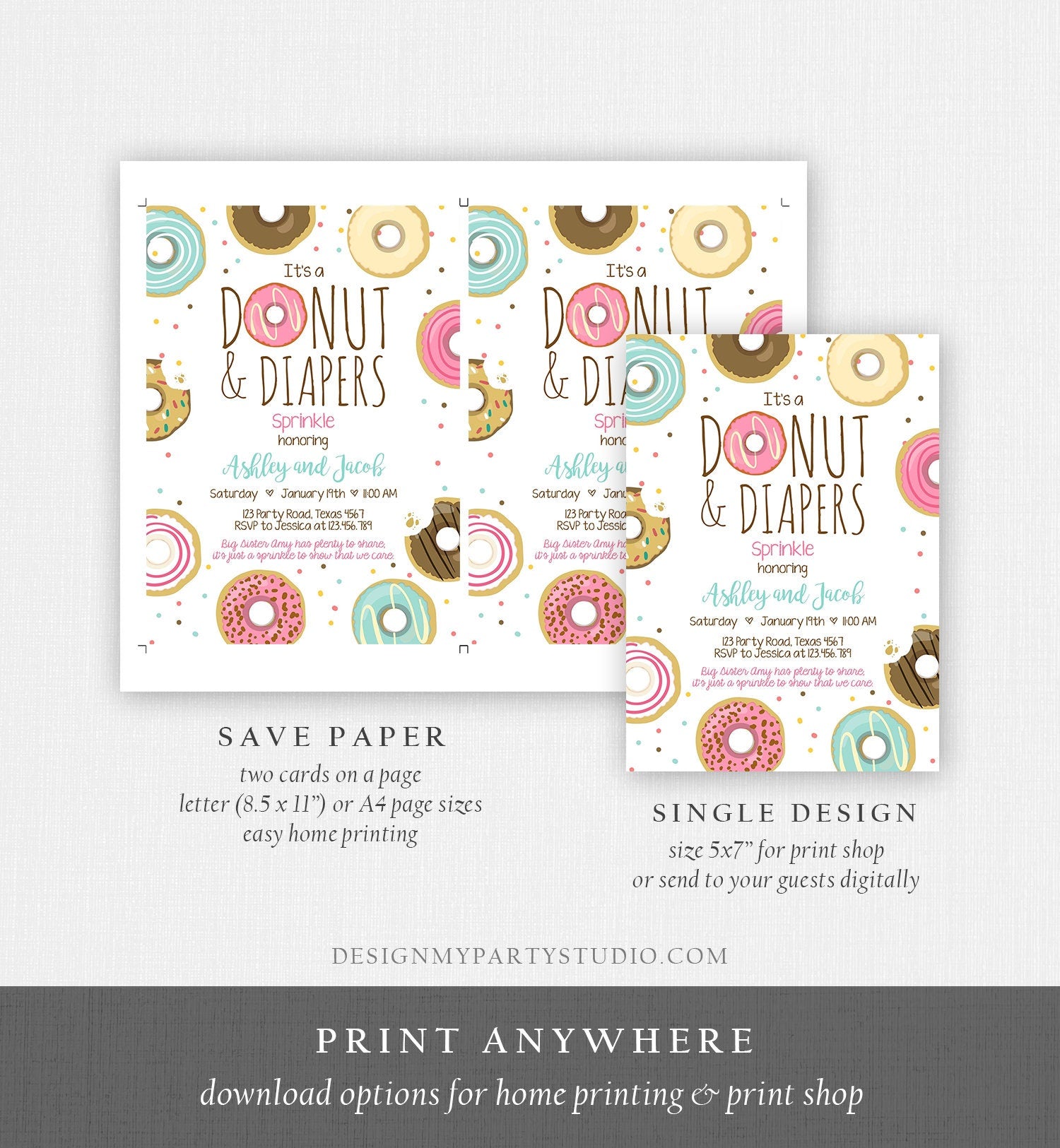 Editable Donut and Diapers Sprinkle Invitation Sprinkled With Love Coed Shower Pink Girl Digital Download Printable Corjl Template 0050