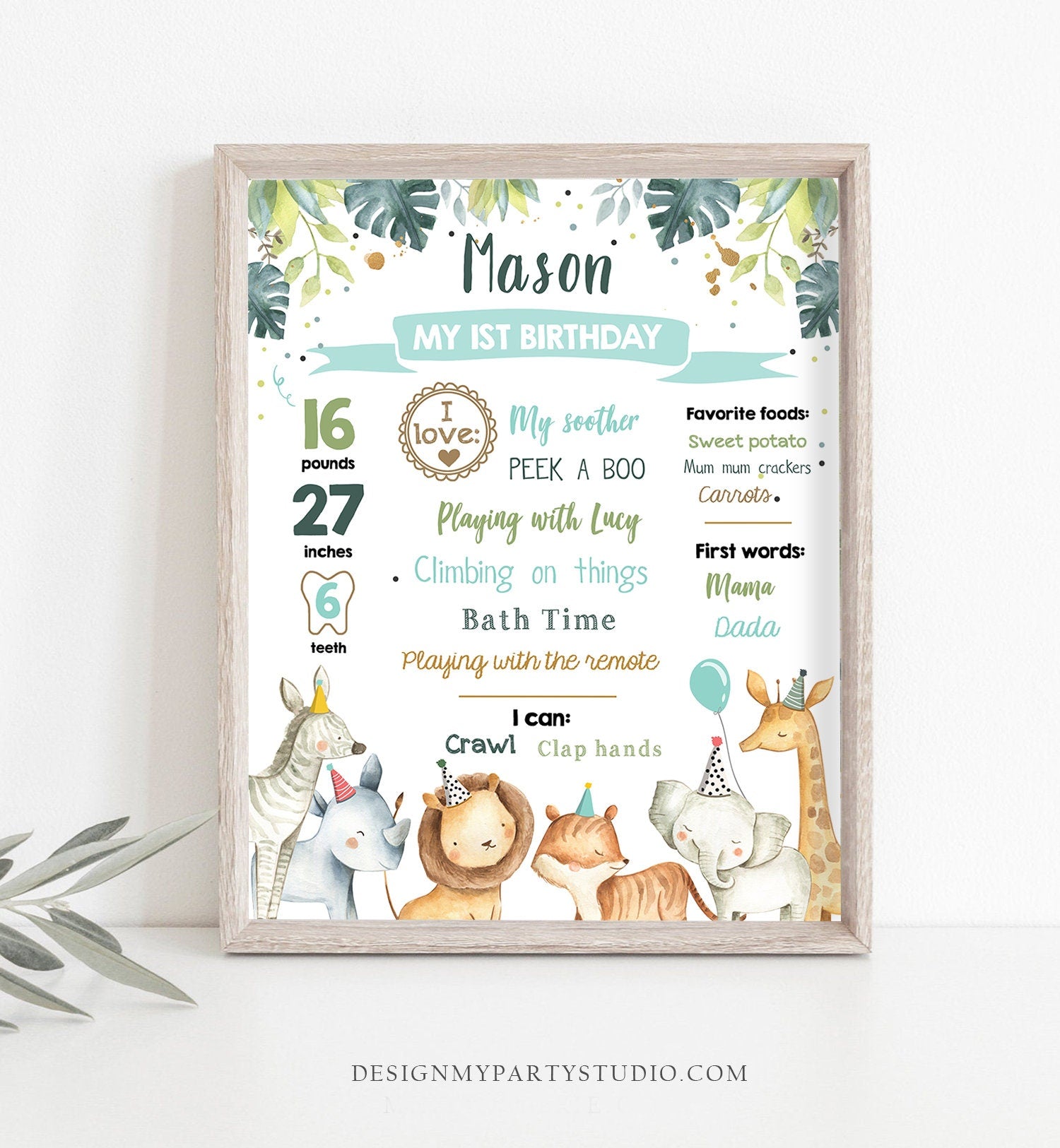 Editable Safari Animals Birthday Milestones Sign Green and Gold Boy Birthday Zoo Jungle 1st Birthday Download Template Printable Corjl 0163