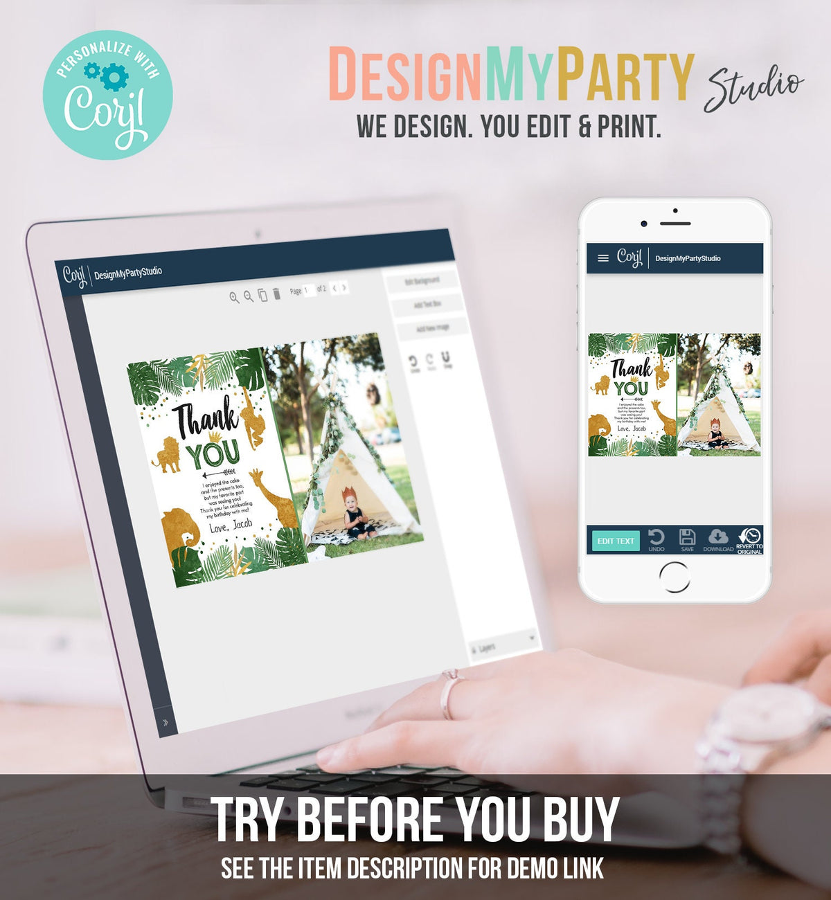 Editable Thank You Card Safari Animals Wild One Thank You Note Black Gold Photo Boy Zoo Animals Digital Evite Template Printable 0016