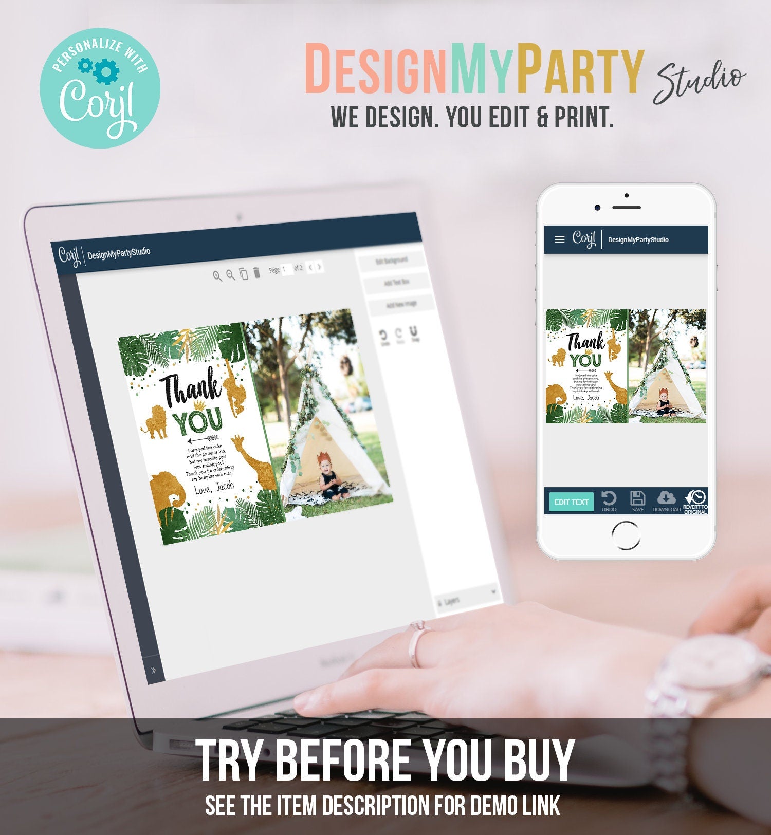 Editable Thank You Card Safari Animals Wild One Thank You Note Black Gold Photo Boy Zoo Animals Digital Evite Template Printable 0016