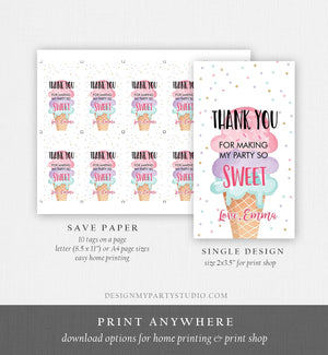 Editable Ice Cream Favor Thank You Tags Ice Cream Birthday Party Girl Pink Purple Gift Goodie Bag Labels Corjl Template PRINTABLE 0243