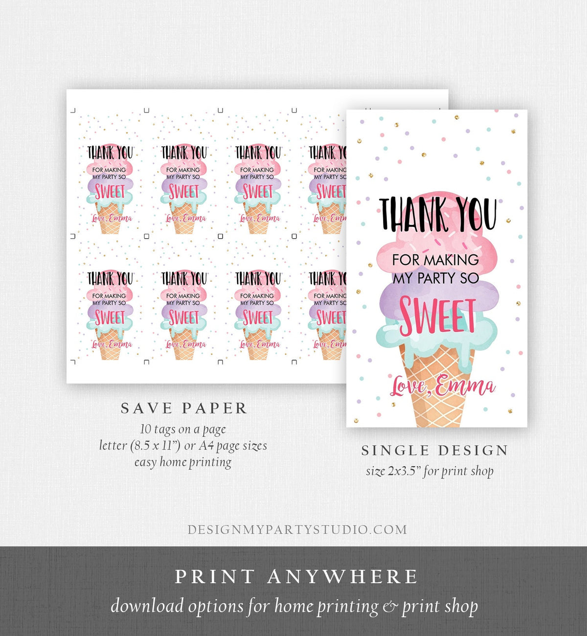 Editable Ice Cream Favor Thank You Tag Ice Cream Birthday Party Girl Pink Purple Gift Goodie Bag Labels Digital Template Printable 0243