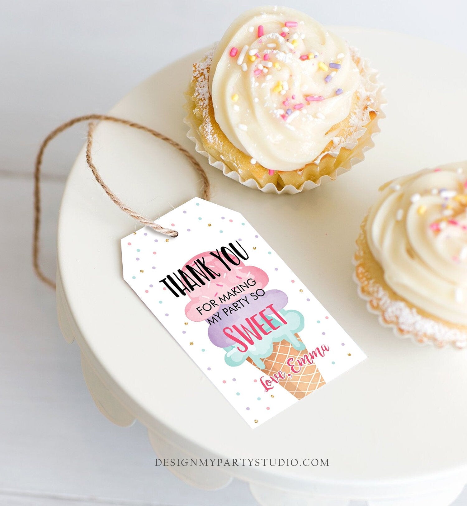 Editable Ice Cream Favor Thank You Tag Ice Cream Birthday Party Girl Pink Purple Gift Goodie Bag Labels Corjl Template Printable 0243