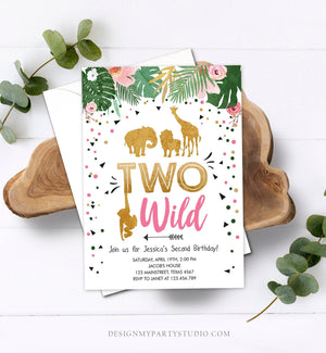 Editable Two Wild Birthday Invitation Safari Animals Jungle Zoo Wild One Party Girl Pink Gold Instant Download Printable Corjl Template 0016