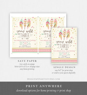 Editable Young Wild and Three Invitation Girl Pink and Gold 3rd Birthday Feathers Boho Download Printable Invite Template Digital Corjl 0073