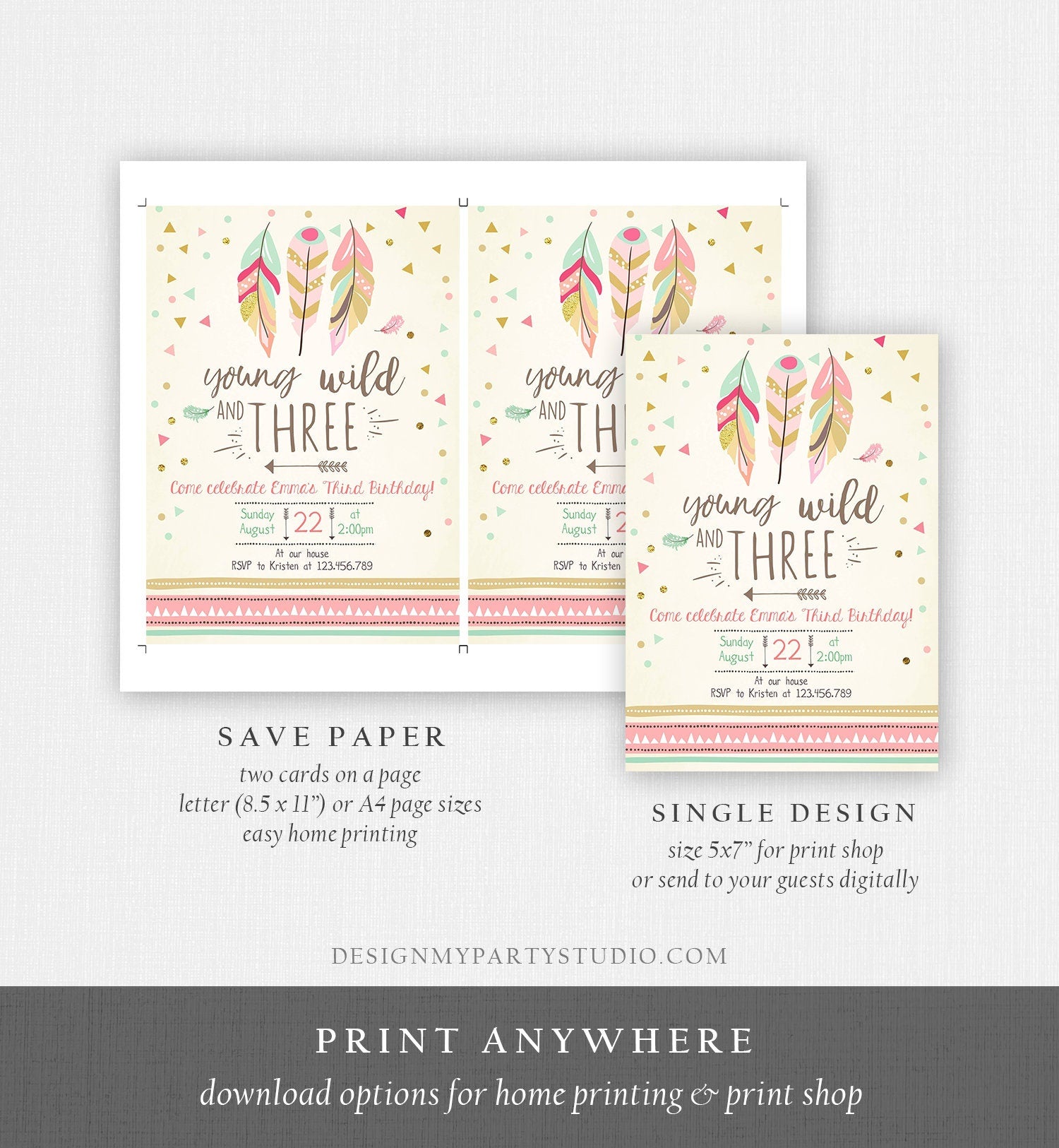 Editable Young Wild and Three Invitation Girl Pink 3rd Third Birthday Tribal Feathers Boho Digital Download Evite Template Printable 0073