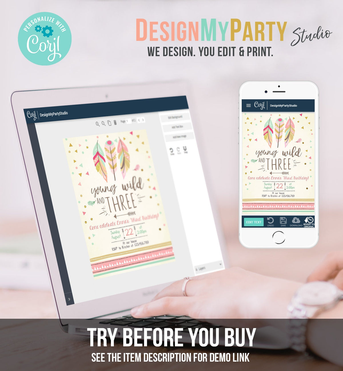 Editable Young Wild and Three Invitation Girl Pink 3rd Third Birthday Tribal Feathers Boho Digital Download Evite Template Printable 0073