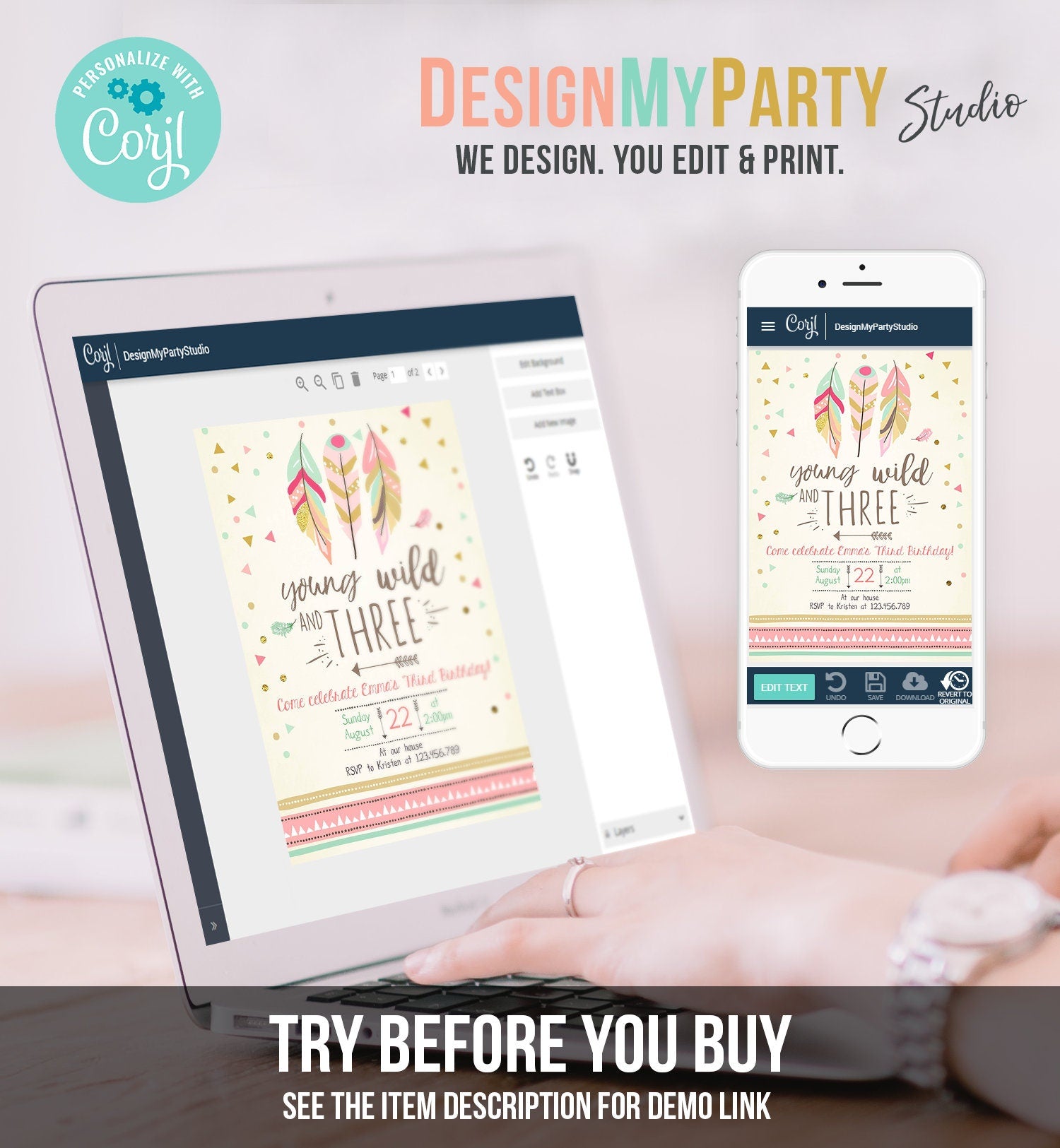 Editable Young Wild and Three Invitation Girl Pink 3rd Third Birthday Tribal Feathers Boho Digital Download Evite Template Printable 0073