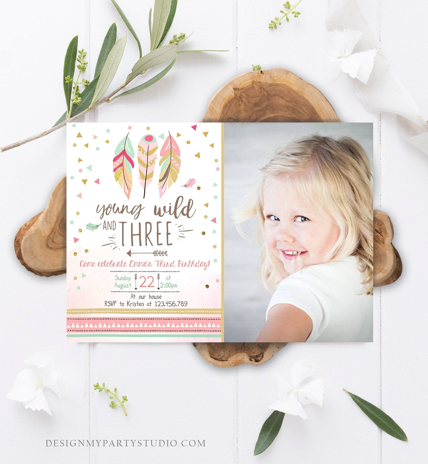 Editable Young Wild and Three Invitation Girl Pink and Gold 3rd Birthday Feathers Boho Digital Download Evite Template Printable 0073