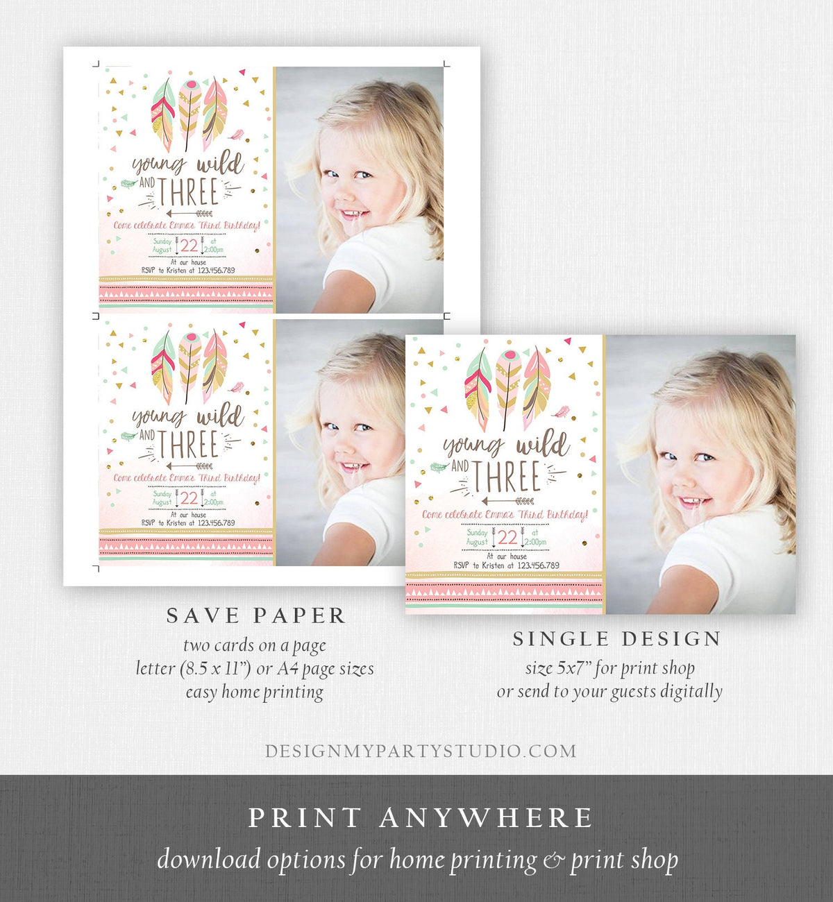 Editable Young Wild and Three Invitation Girl Pink and Gold 3rd Birthday Feathers Boho Digital Download Evite Template Printable 0073
