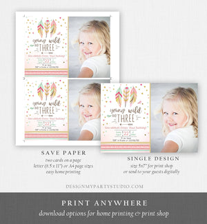 Editable Young Wild and Three Invitation Girl Pink and Gold 3rd Birthday Feathers Boho Download Printable Invite Template Digital Corjl 0073