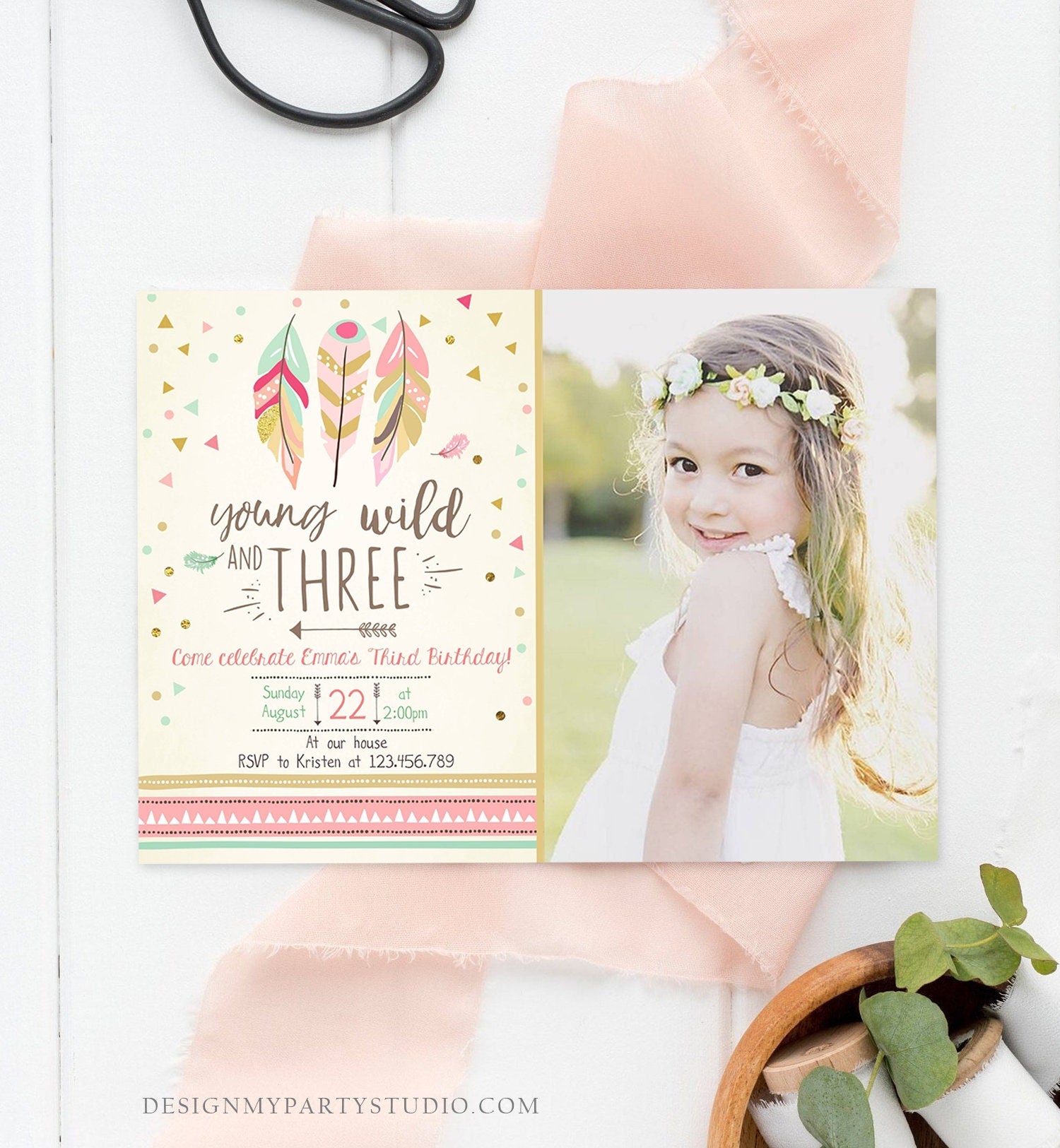 Editable Young Wild and Three Invitation Girl Pink and Gold 3rd Birthday Feathers Boho Download Printable Invite Template Digital Corjl 0073