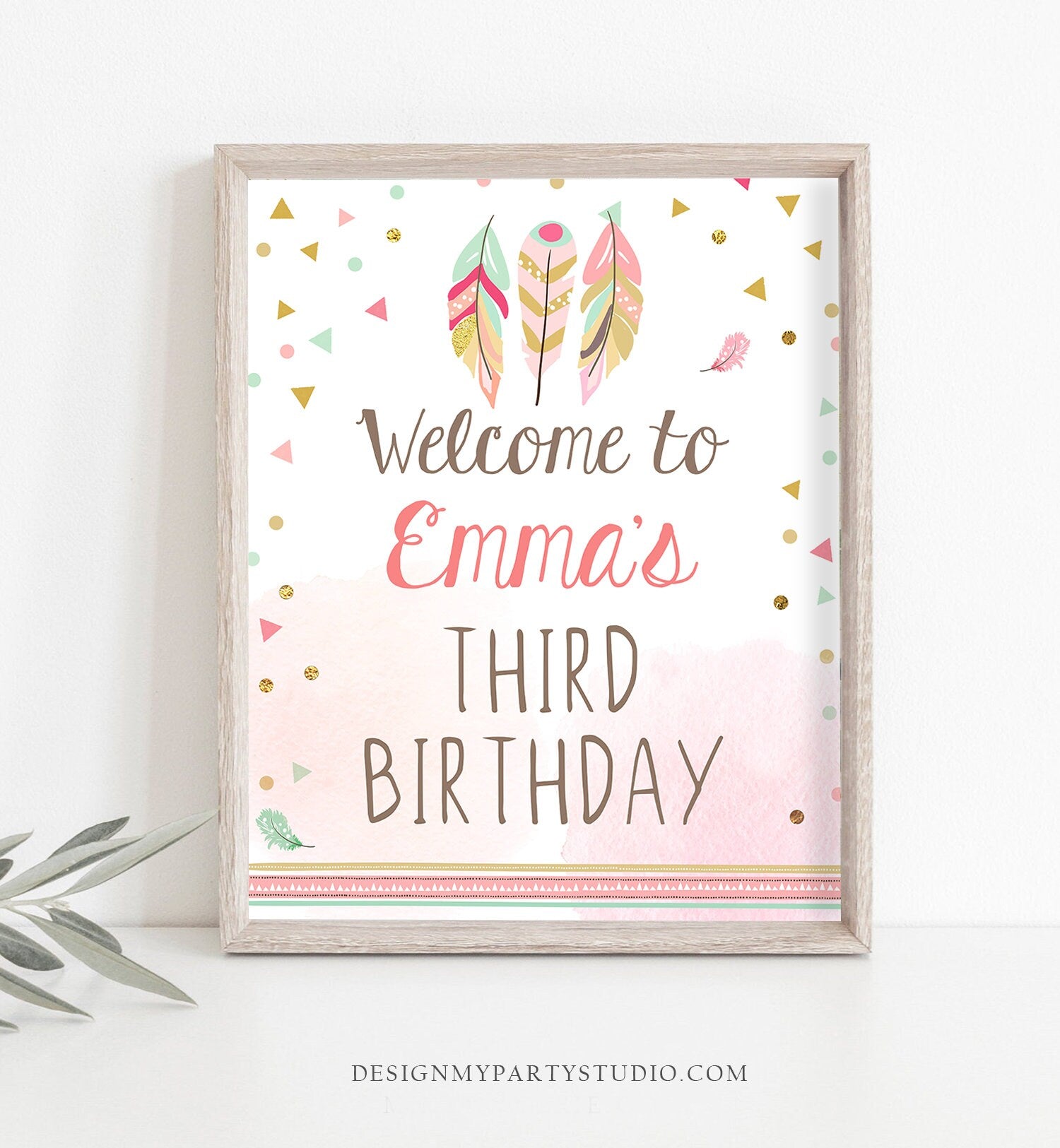 Editable Wild and Three Welcome Sign Third Birthday Decorations Sign Tribal Feathers Pink and Gold Girl Boho Template PRINTABLE Corjl 0073