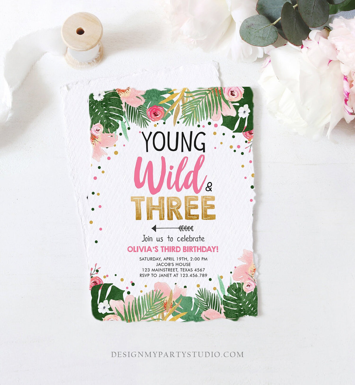 Editable Young Wild and Three Birthday Invitation Floral Pink Gold Party Safari Pink Tropical Flowers Download Evite Template Printable 0332