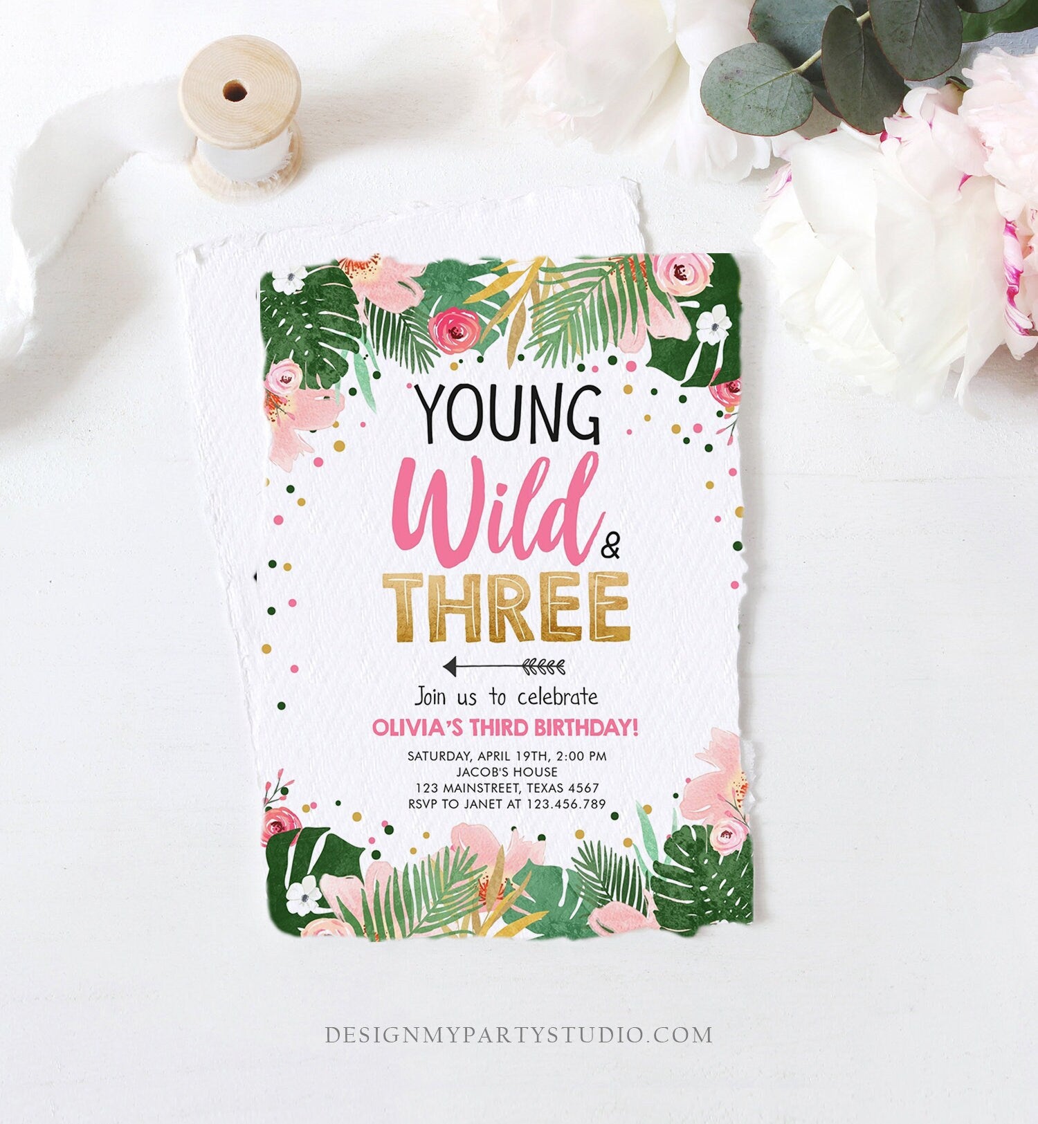 Editable Young Wild and Three Birthday Invitation Floral Pink Gold Party Safari Pink Tropical Flowers Download Evite Template Printable 0332
