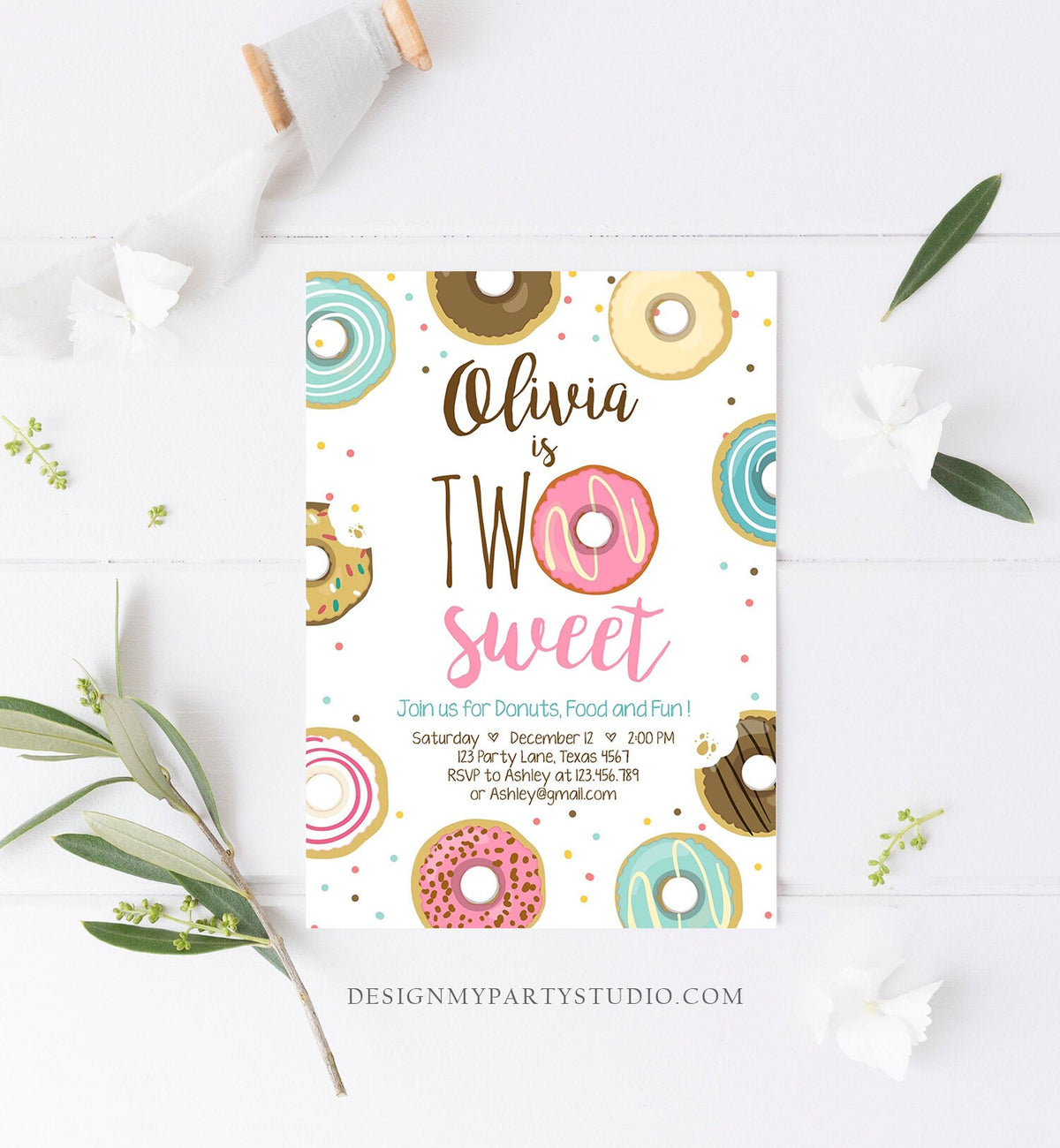Editable Two Sweet Donut Birthday Invitation Second 2nd Girl Pink Doughnut Party Digital Download Evite Template Printable 0050
