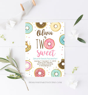 Editable Two Sweet Donut Birthday Invitation Second Birthday Girl Pink Doughnut Party 2nd Download Printable Corjl Template Digital 0050