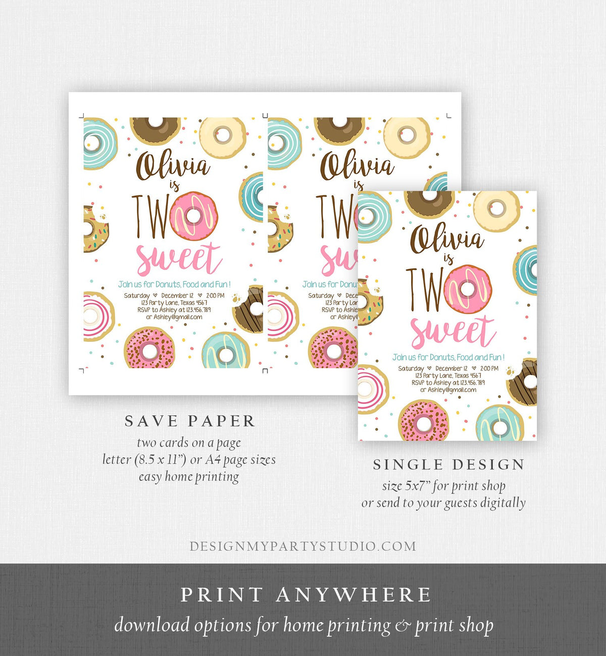 Editable Two Sweet Donut Birthday Invitation Second 2nd Girl Pink Doughnut Party Digital Download Evite Template Printable 0050