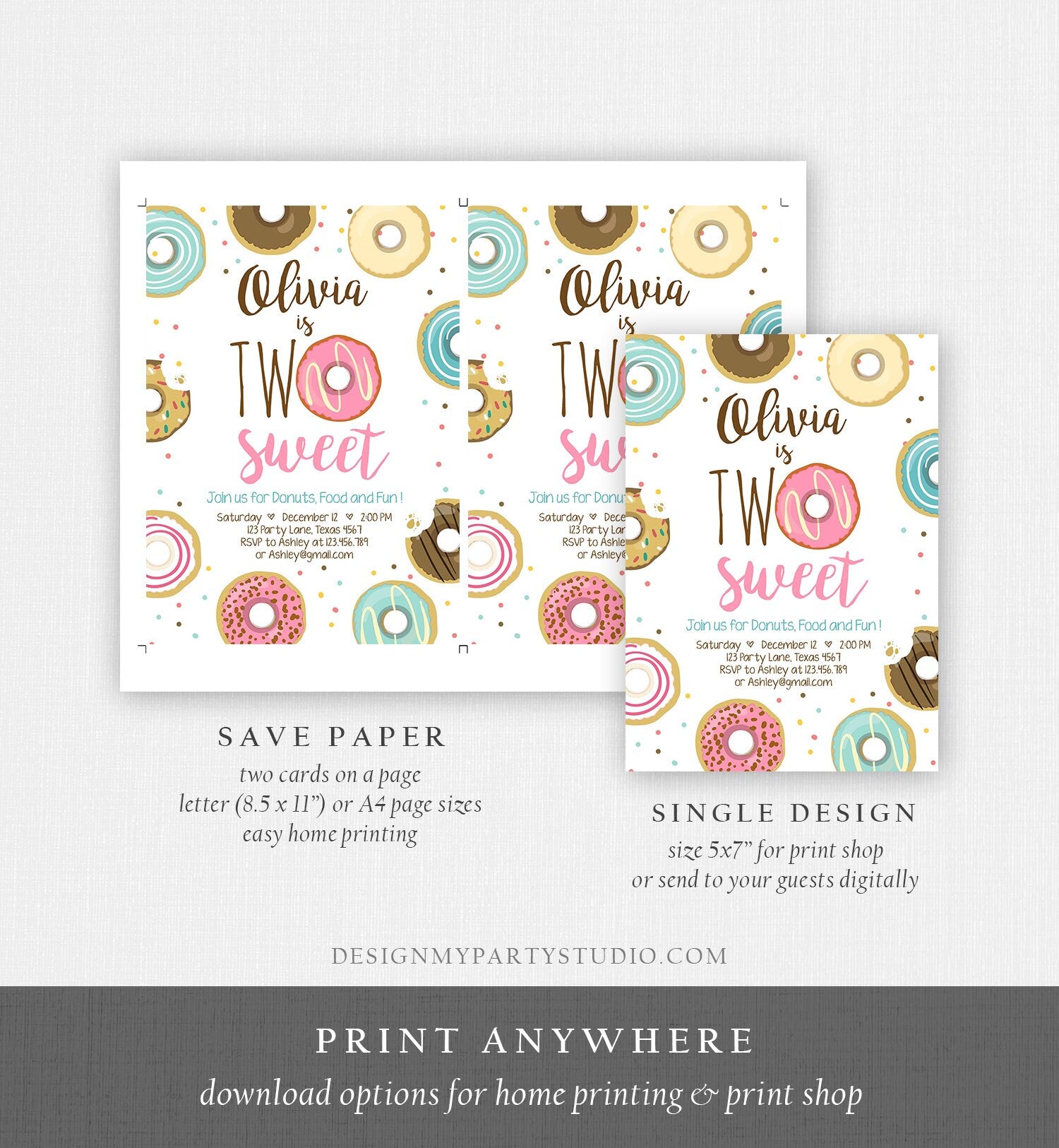 Editable Two Sweet Donut Birthday Invitation Second 2nd Girl Pink Doughnut Party Digital Download Evite Template Printable 0050