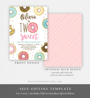 Editable Two Sweet Donut Birthday Invitation Second Birthday Girl Pink Doughnut Party 2nd Download Printable Corjl Template Digital 0050