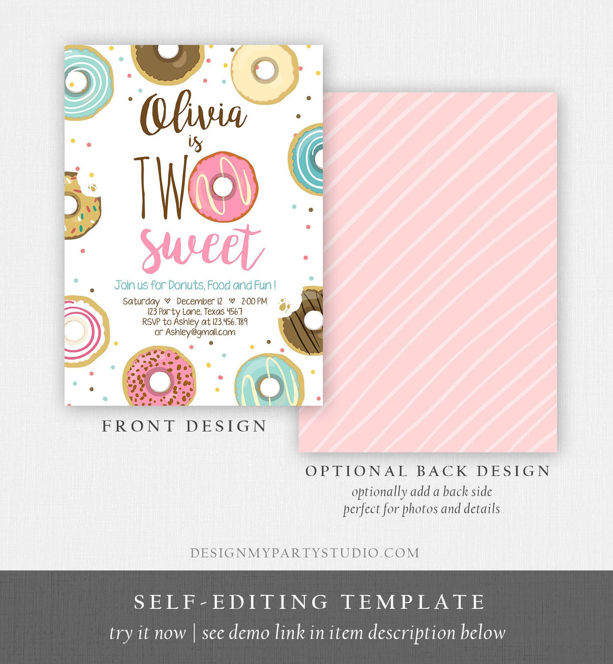 Editable Two Sweet Donut Birthday Invitation Second 2nd Girl Pink Doughnut Party Digital Download Evite Template Printable 0050