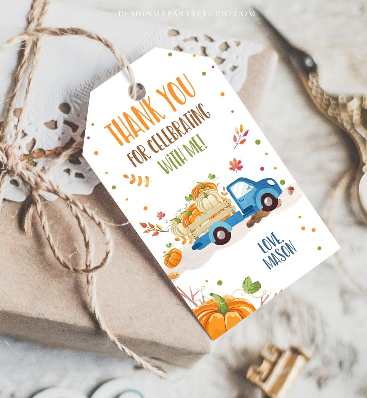 Editable Pumpkin Favor Tag Pumpkin Truck Thank You Tag Fall Autumn Label Pumpkin Birthday Blue Fall Harvest Corjl Template Printable 0153