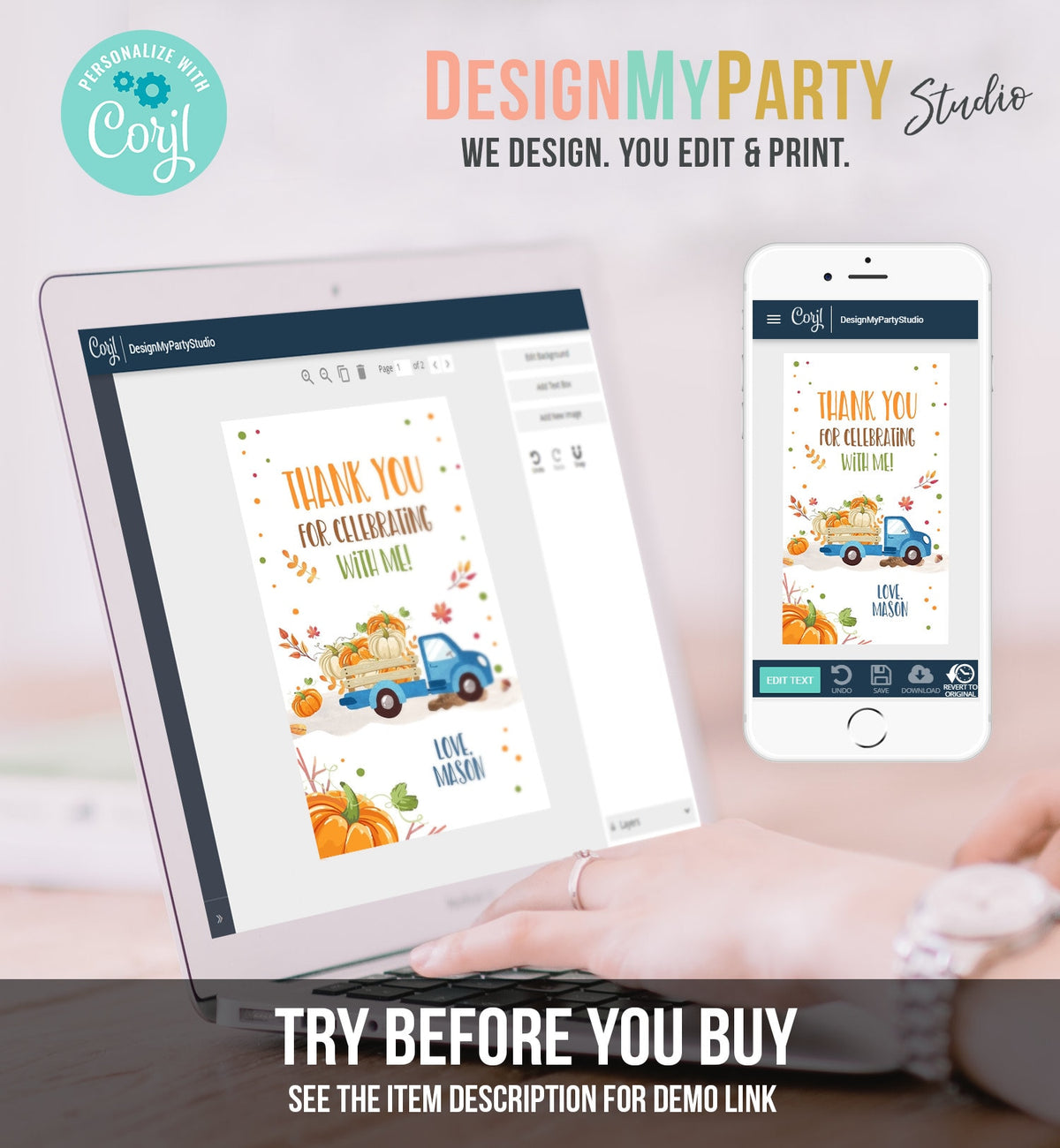 Editable Pumpkin Favor Tag Pumpkin Truck Thank You Tag Fall Autumn Label Pumpkin Birthday Blue Fall Harvest Corjl Template Printable 0153