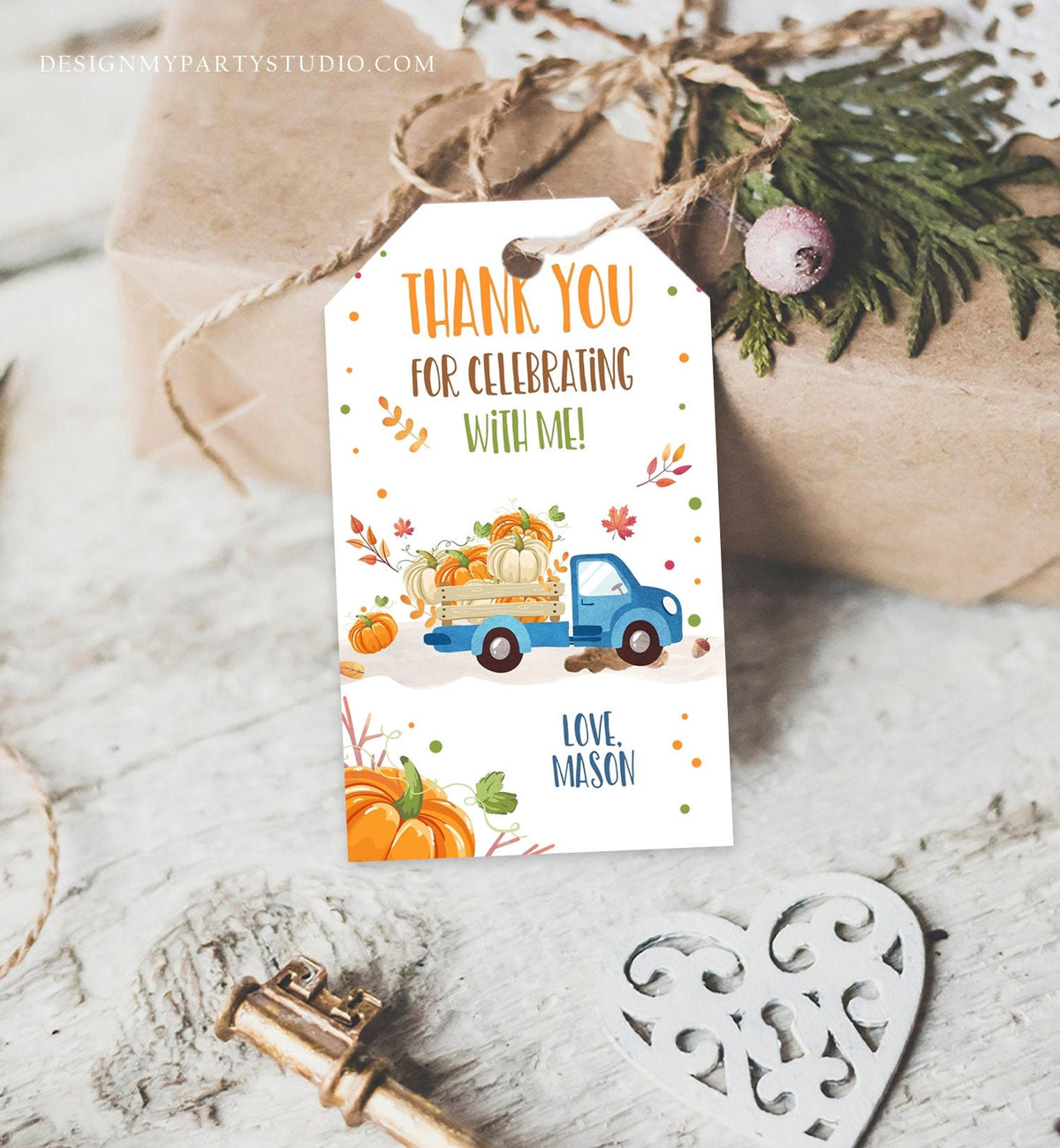Editable Pumpkin Favor Tag Pumpkin Truck Thank You Tag Fall Autumn Label Pumpkin Birthday Blue Fall Harvest Corjl Template Printable 0153