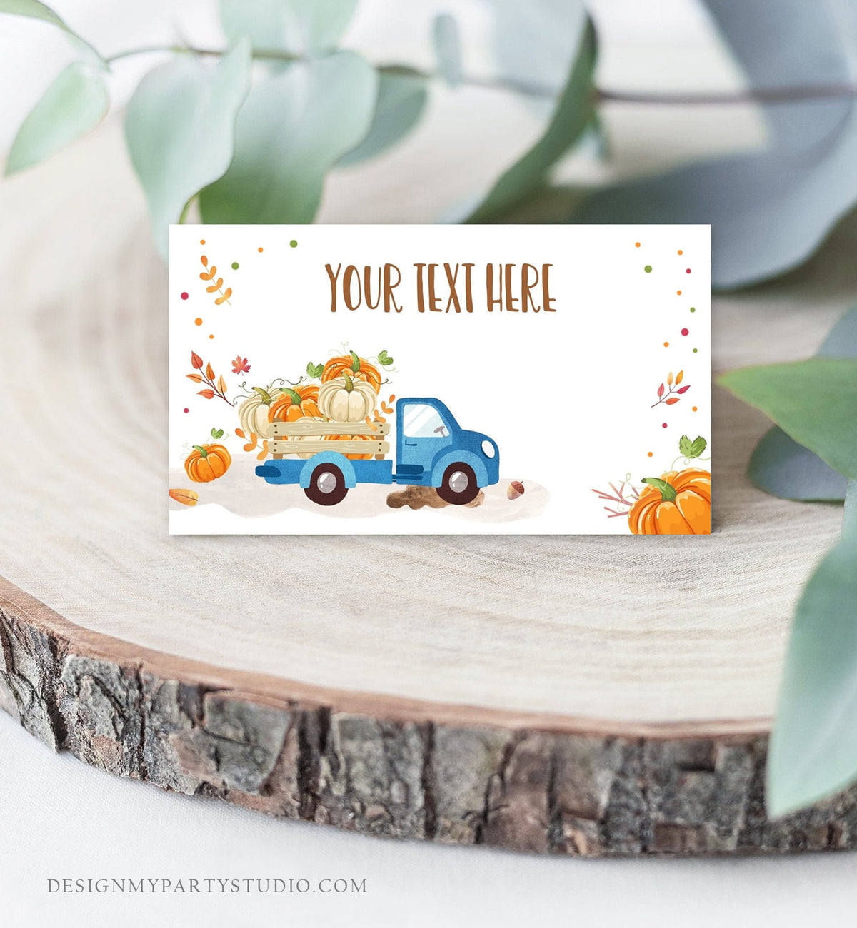 Editable Pumpkin Food Labels Pumpkin Truck Birthday Place Card Fall Harvest Autumn Tent Card Shower Blue Boy Corjl Printable Template 0153