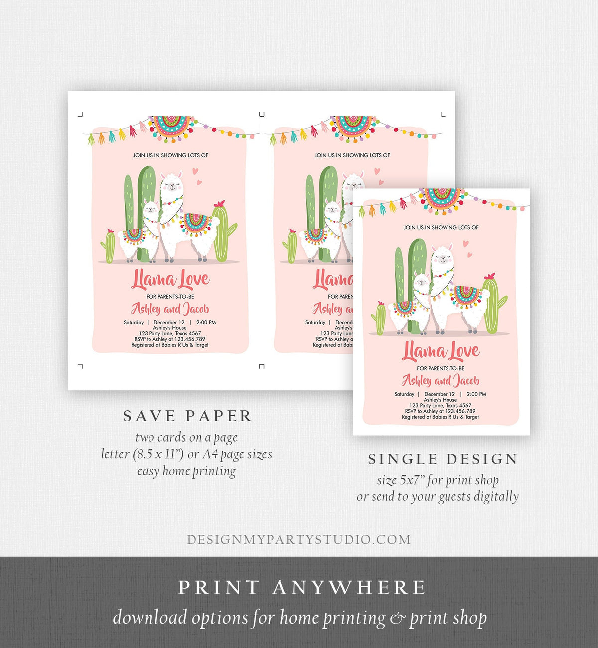 Editable Llama Baby Shower Invitation Llama Love Fiesta Cactus Mexican Couples Shower Pink Girl Digital Download Template Printable 0079
