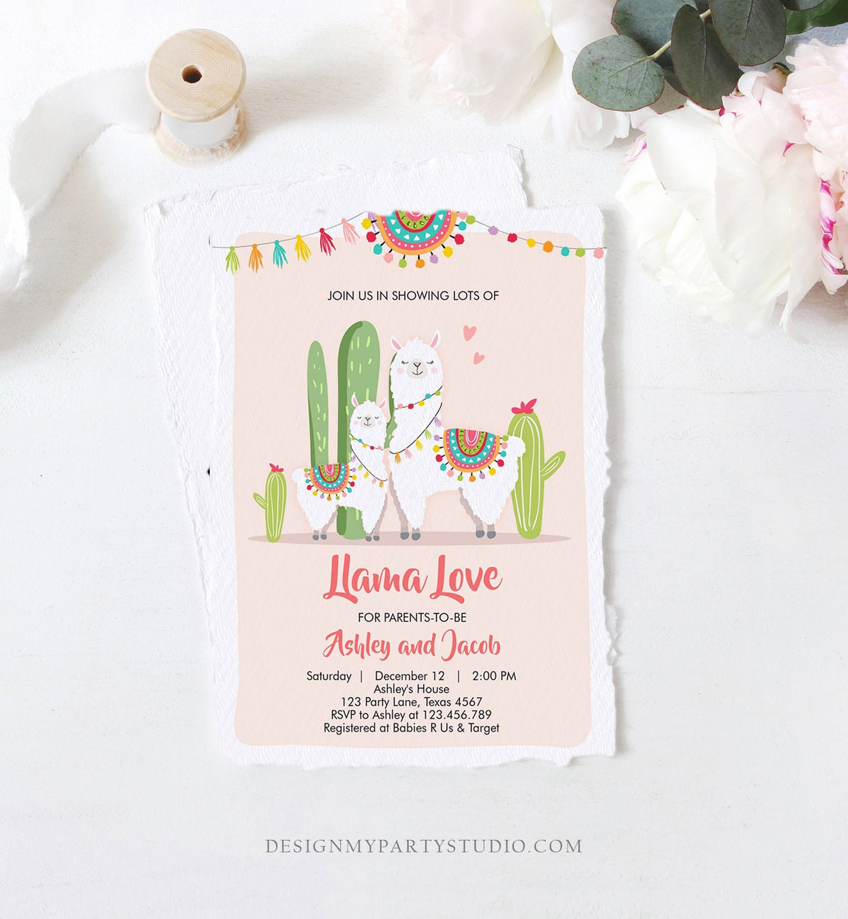 Editable Llama Baby Shower Invitation Llama Love Fiesta Cactus Mexican Couples Shower Pink Girl Digital Download Template Printable 0079