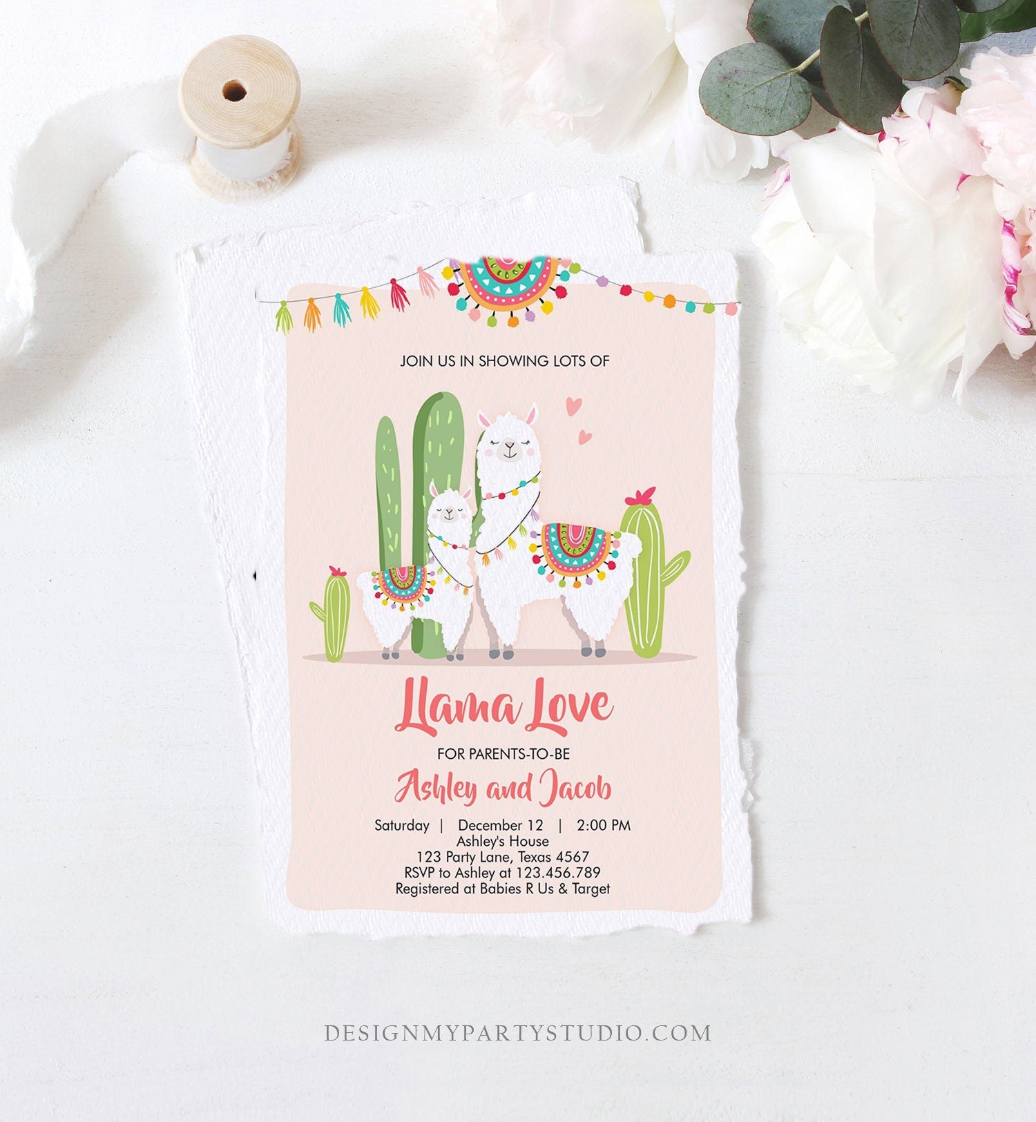 Editable Llama Baby Shower Invitation Llama Love Fiesta Cactus Mexican Couples Coed Shower Pink Girl Download Corjl Template Printable 0079