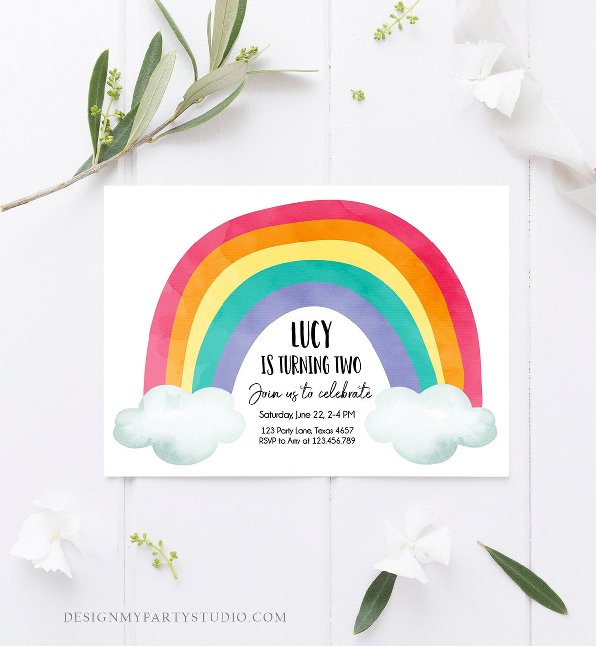 Editable Rainbow Birthday Invitation Kids Girl Boy Neutral Party Clouds Colorful Rainbow Colors Digital Corjl Template Printable 0272