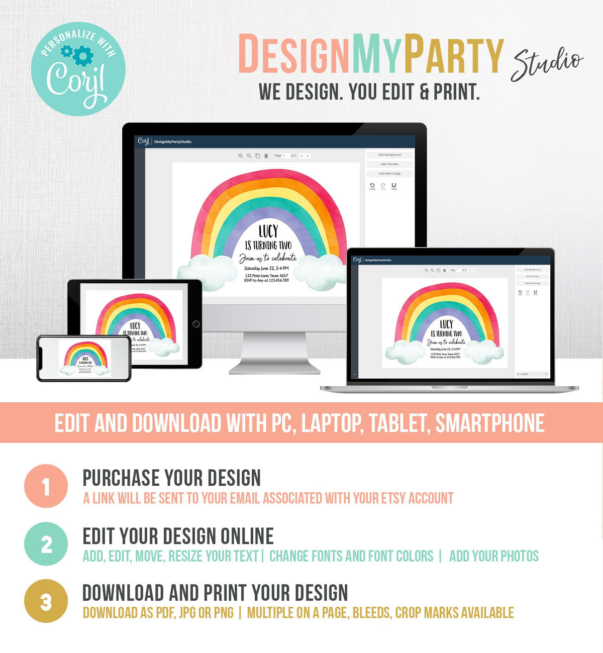 Editable Rainbow Birthday Invitation Kids Girl Boy Neutral Party Clouds Colorful Rainbow Colors Digital Corjl Template Printable 0272