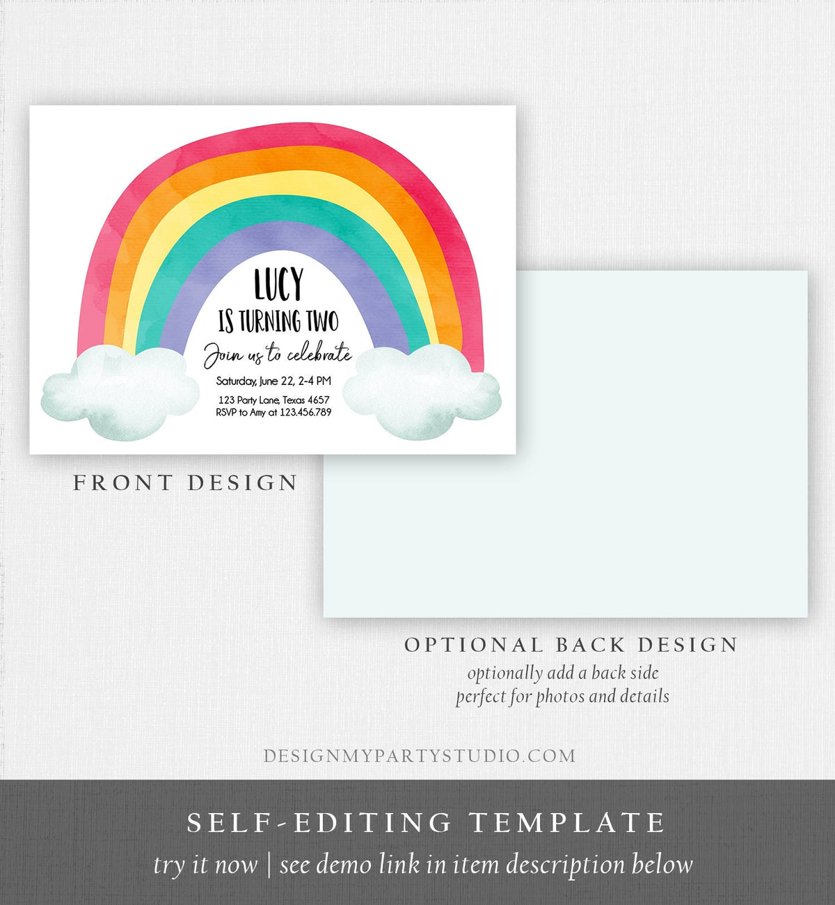 Editable Rainbow Birthday Invitation Kids Girl Boy Neutral Party Clouds Colorful Rainbow Colors Digital Corjl Template Printable 0272