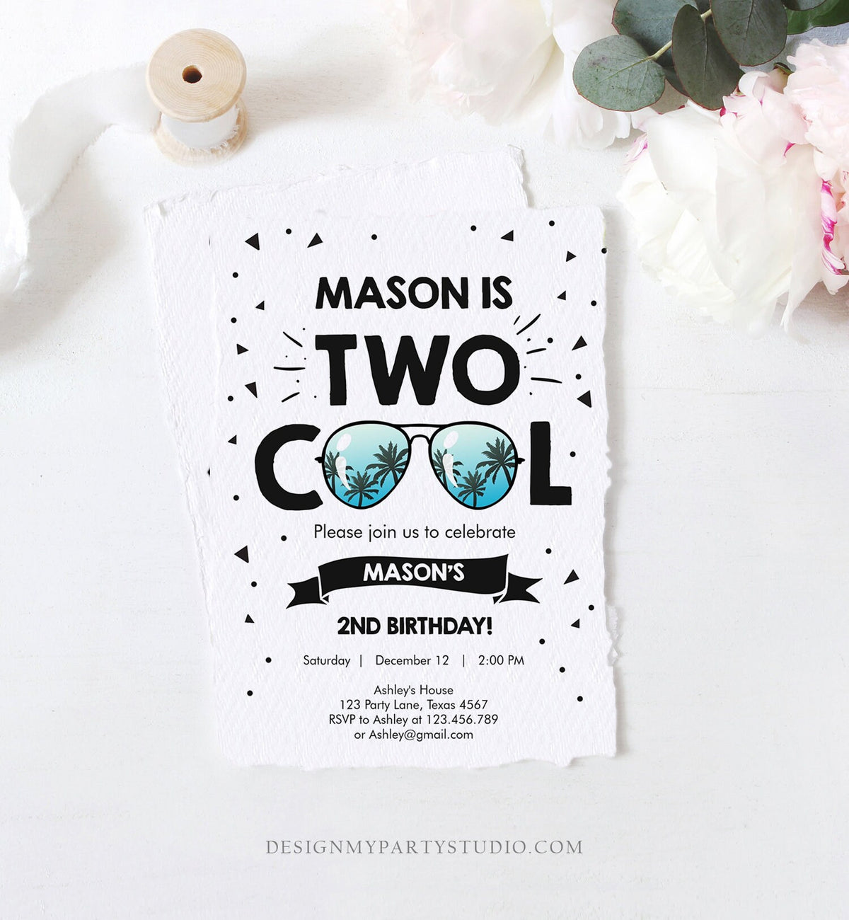 Editable Two Cool Birthday Invitation Boy Second Birthday Party 2nd I&#39;m this Many Two Cool Sunglasses Palm Digital Template Printable 0136