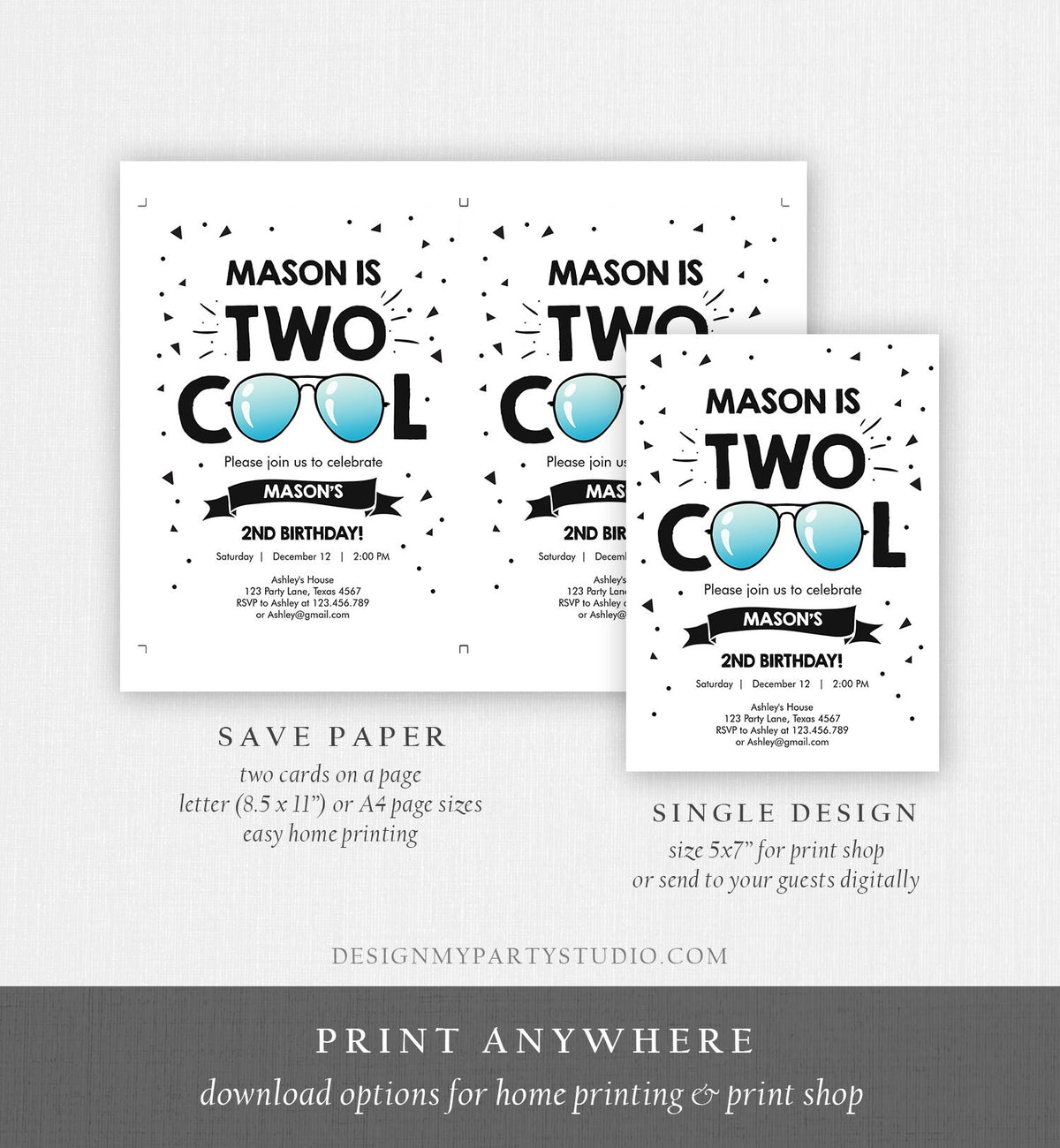 Editable Two Cool Birthday Invitation Boy Second Birthday Party 2nd I&#39;m this Many I&#39;m Two Cool Digital Download Template Printable 0136