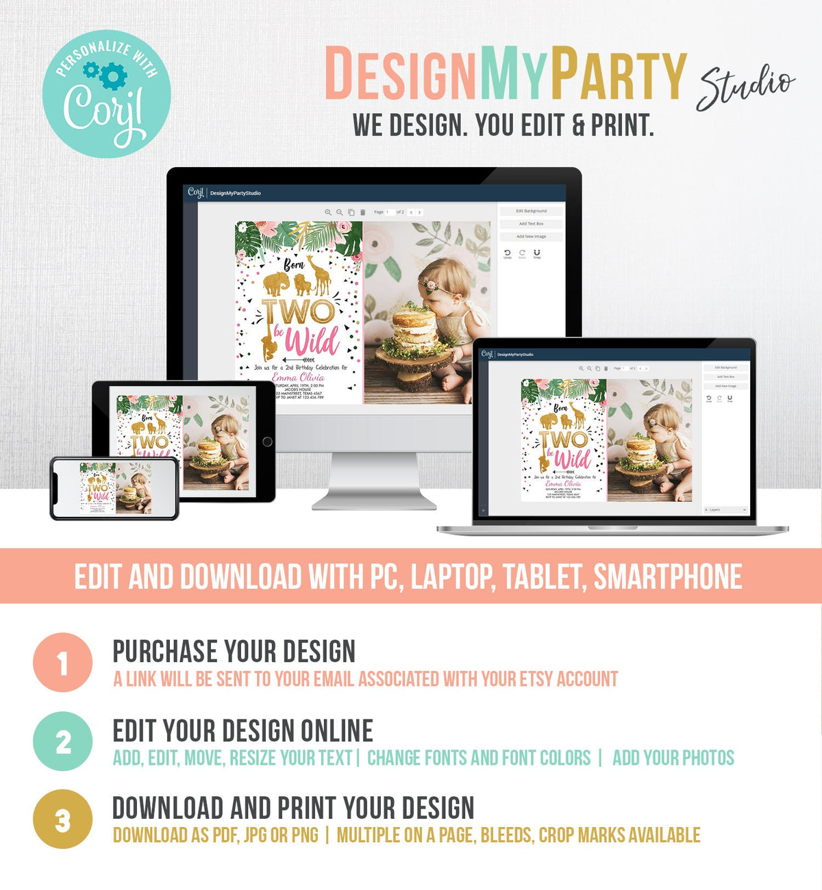 Editable Born Two Be Wild Birthday Invitation Girl Pink Gold Safari Animals Jungle Zoo Second Birthday 2nd Printable Corjl Template 0016