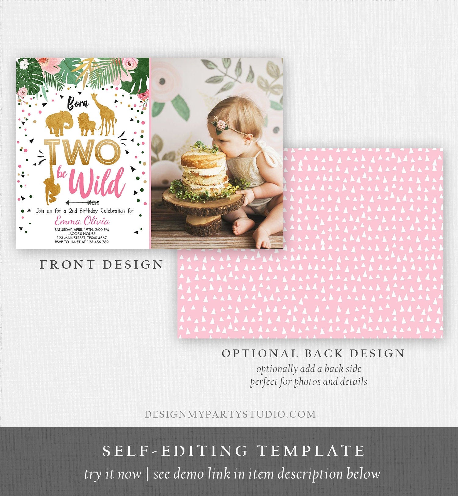Editable Born Two Be Wild Birthday Invitation Girl Pink Gold Safari Animals Jungle Zoo Second Birthday 2nd Printable Corjl Template 0016