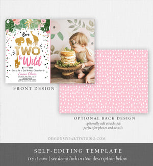 Editable Born Two Be Wild Birthday Invitation Girl Pink Gold Safari Animals Jungle Zoo Second Birthday 2nd Printable Corjl Template 0016