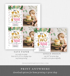 Editable Born Two Be Wild Birthday Invitation Girl Pink Gold Safari Animals Jungle Zoo Second Birthday 2nd Printable Corjl Template 0016